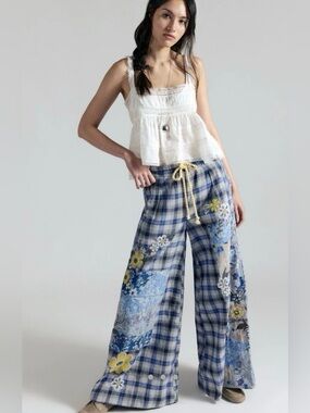 Free People Brooks Embroidered Wide Leg Patchwork Pants Floral Rope Tie Blue